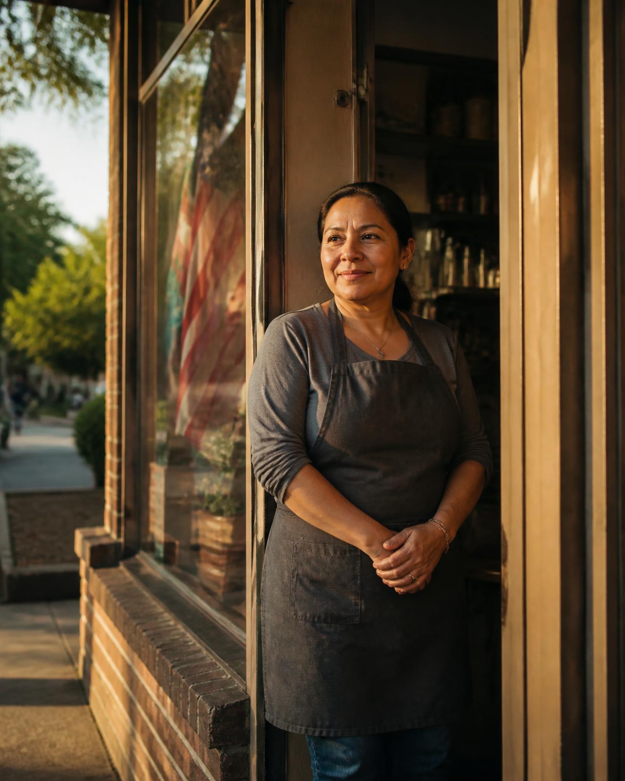 A Hispanic American small business owner standing in the doorway of her shop